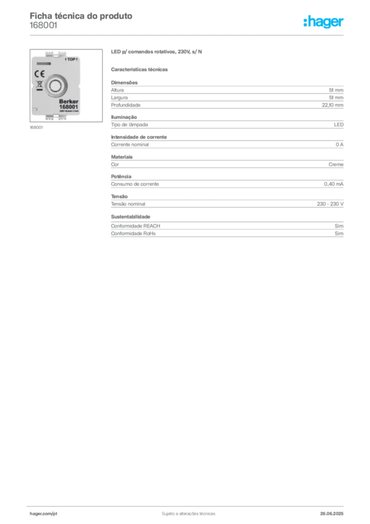 Imagem Hager Ficha técnica do produto 168001 | Hager Portugal