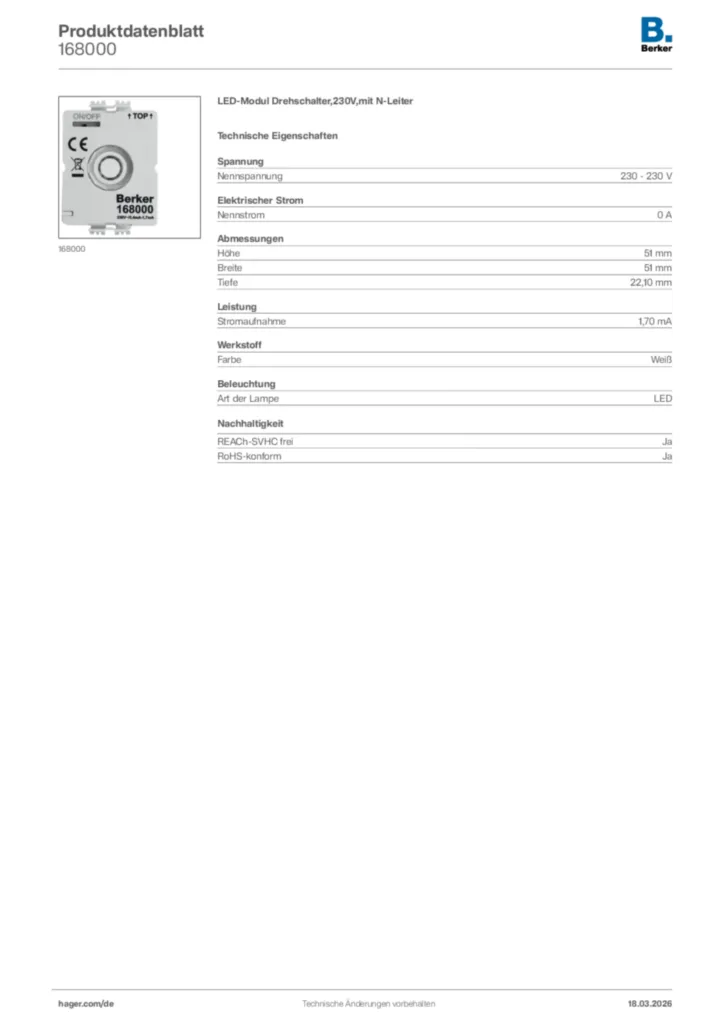 Bild Berker Produktdatenblatt 168000 | Hager Deutschland