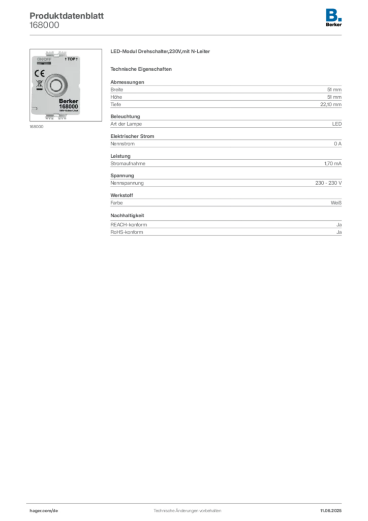 Bild Berker Produktdatenblatt 168000 | Hager Deutschland
