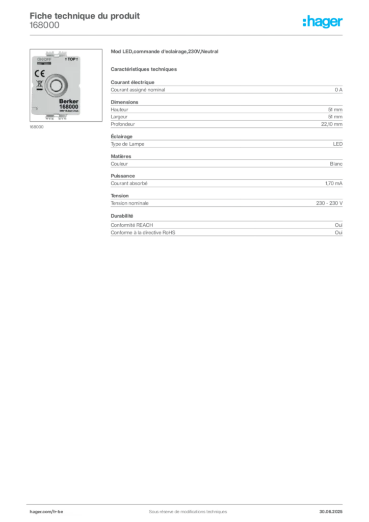 Image Hager Fiche technique du produit 168000 | Hager Belgique