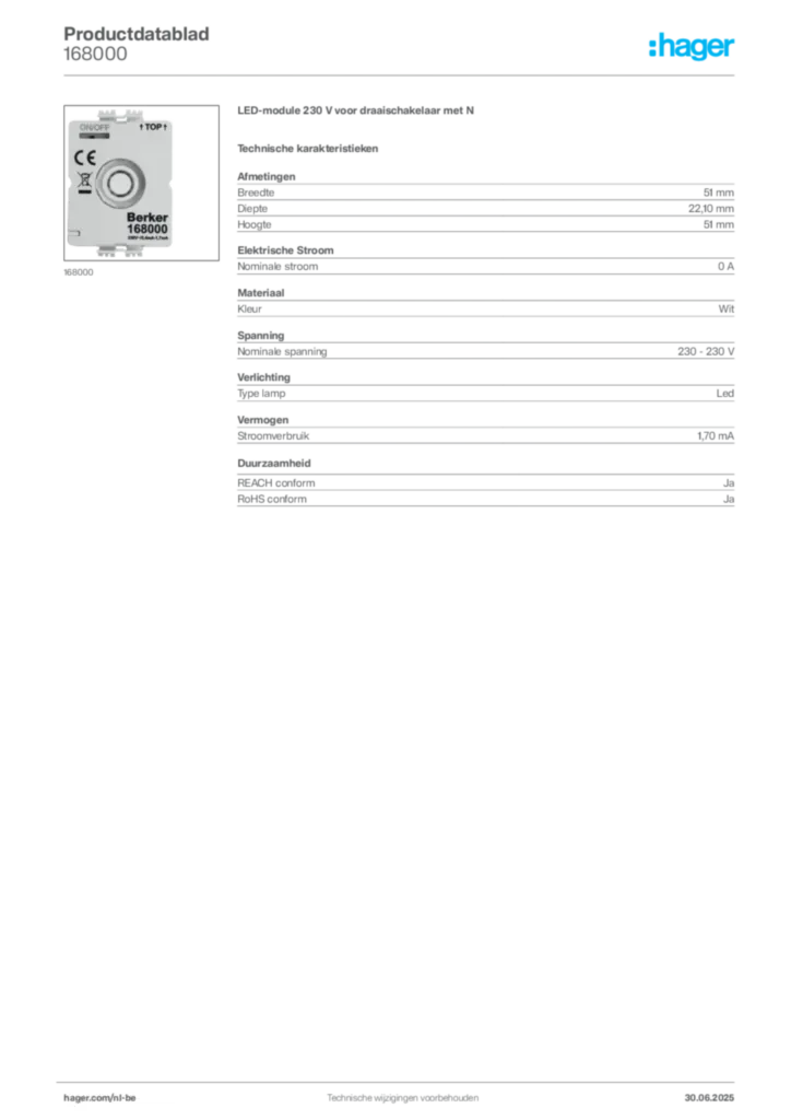 Afbeelding Hager Productdatablad 168000 | Hager Belgium