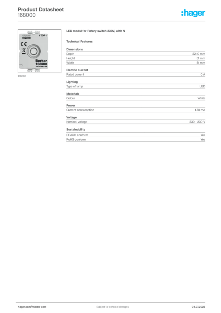 Image Hager Product data sheet 168000  | Hager