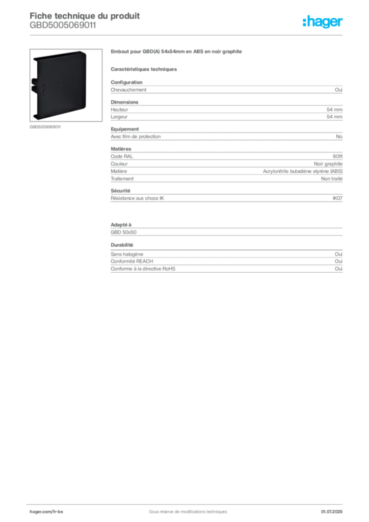 Image Hager Fiche technique du produit GBD5005069011 | Hager Belgique