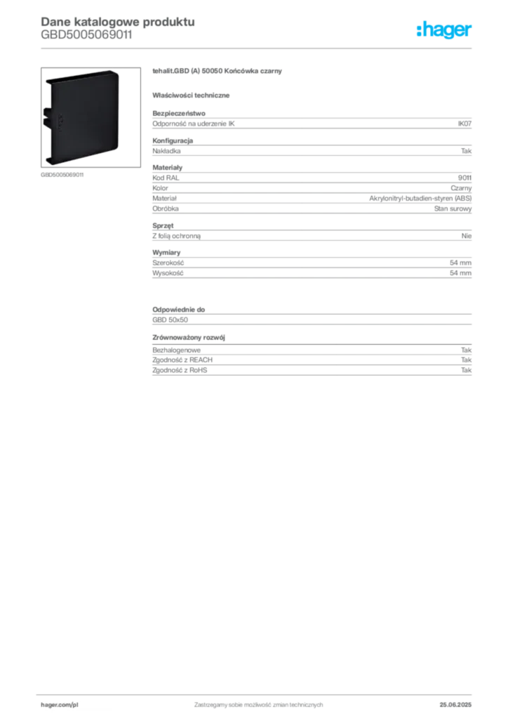 Zdjęcie Hager Dane katalogowe produktu GBD5005069011 | Hager Polska