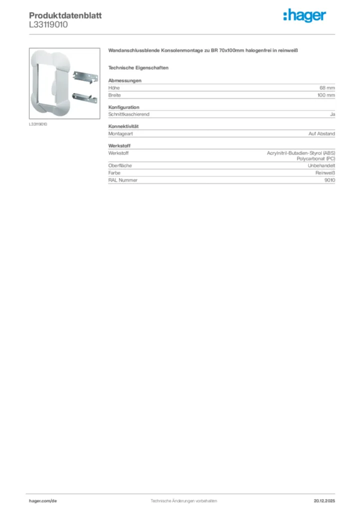 Bild Hager Produktdatenblatt L33119010 | Hager Deutschland