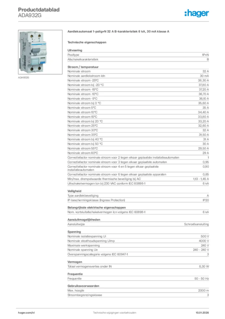 Afbeelding Hager Productdatablad ADA932G | Hager Nederland