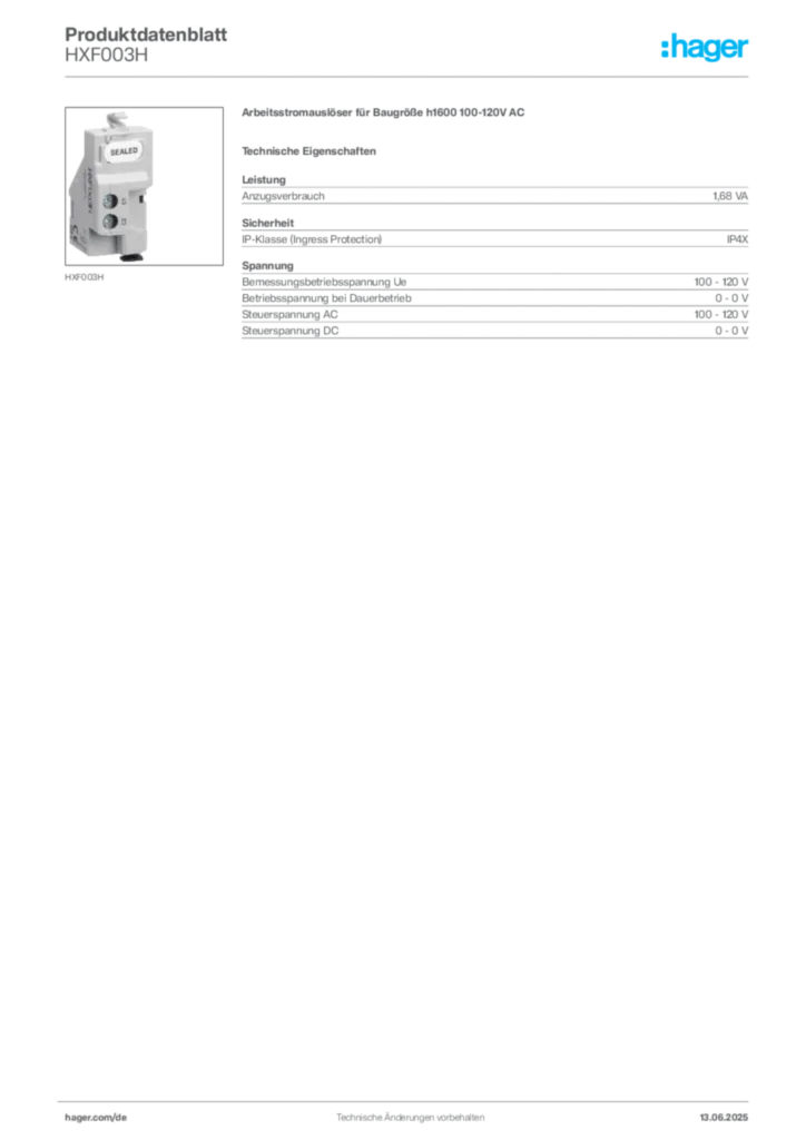 Hager Produktdatenblatt HXF003H
