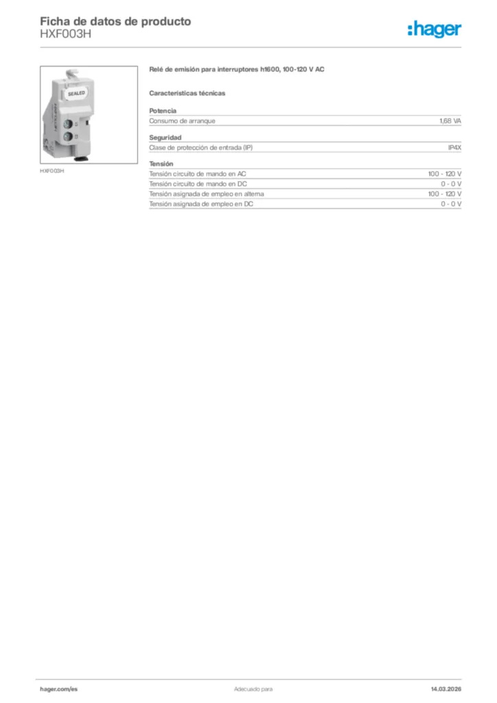 Imagen Hager Ficha de datos de producto HXF003H | Hager España