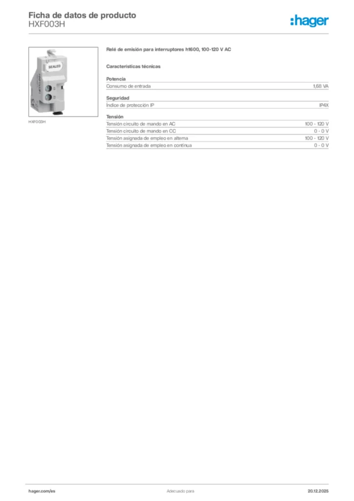 Imagen Hager Ficha de datos de producto HXF003H | Hager España