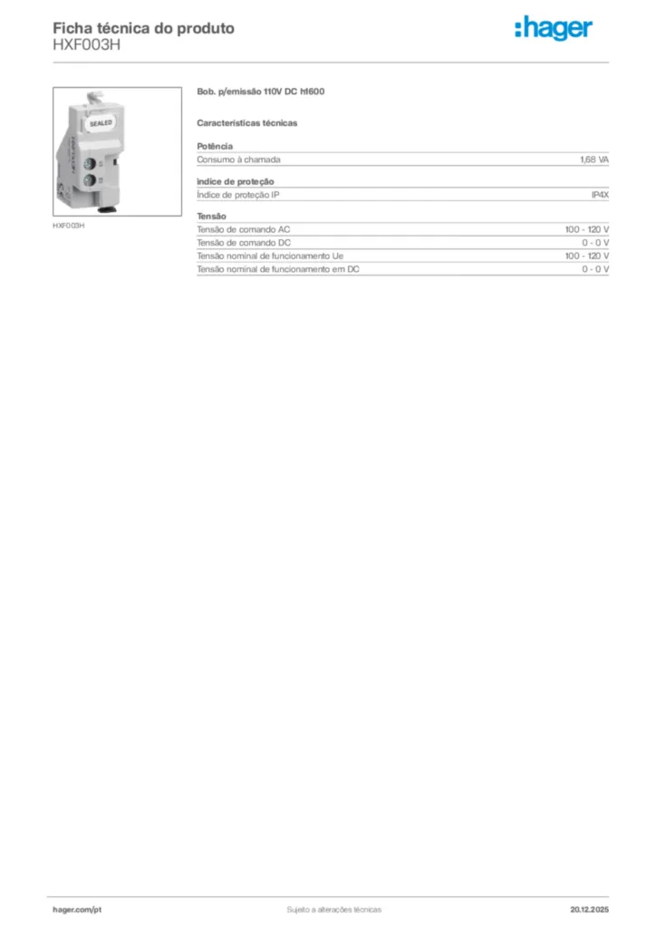 Imagem Hager Ficha técnica do produto HXF003H | Hager Portugal