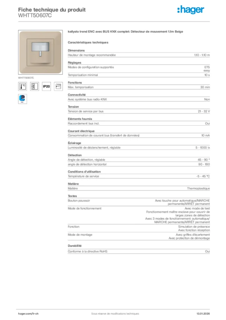 Image Hager Fiche technique du produit WHTT50607C | Hager Suisse