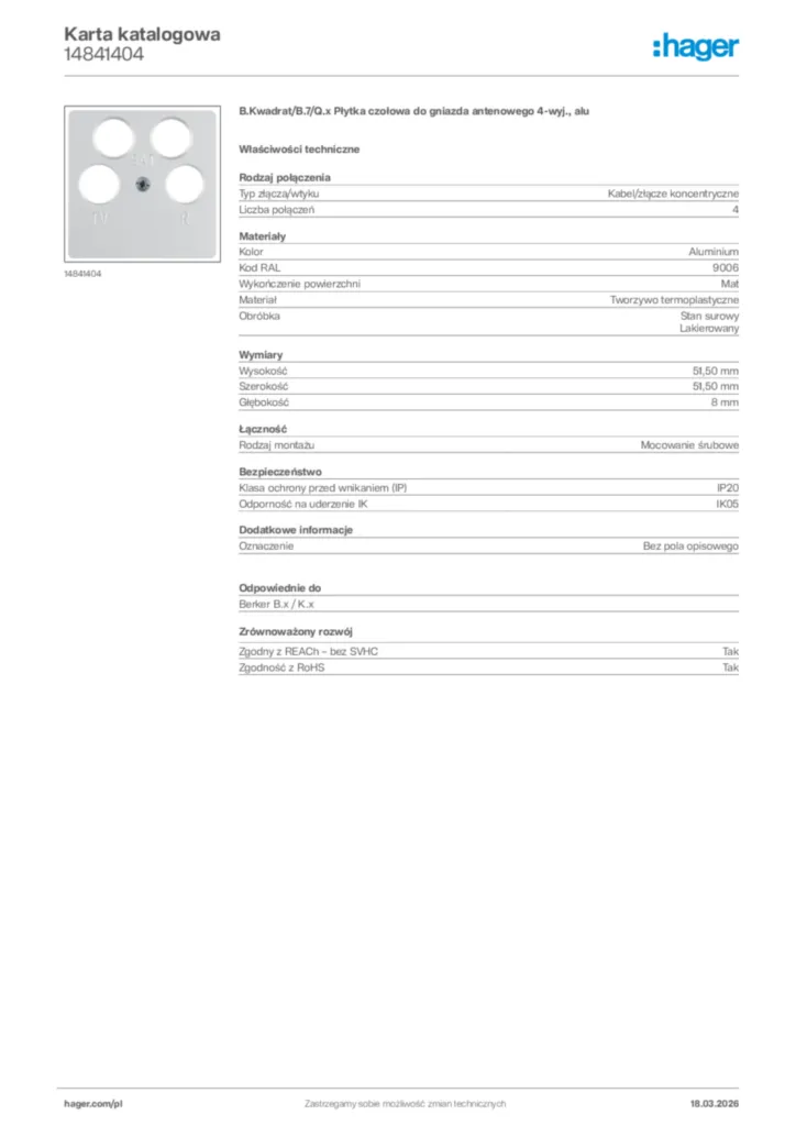 Zdjęcie Hager Karta katalogowa 14841404 | Hager Polska
