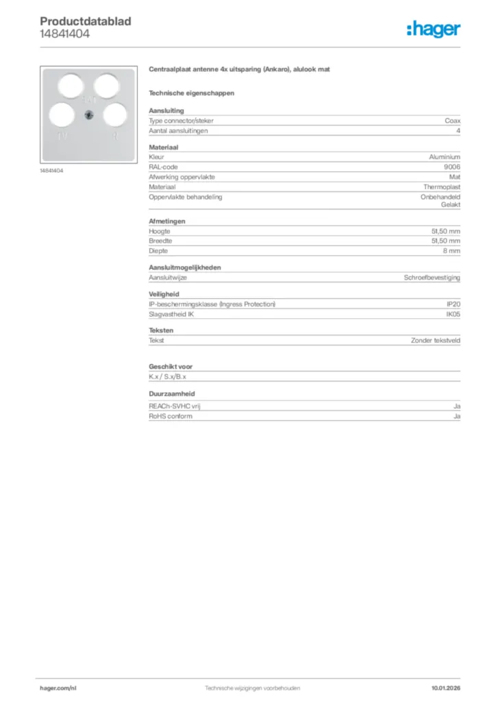 Afbeelding Hager Productdatablad 14841404 | Hager Nederland