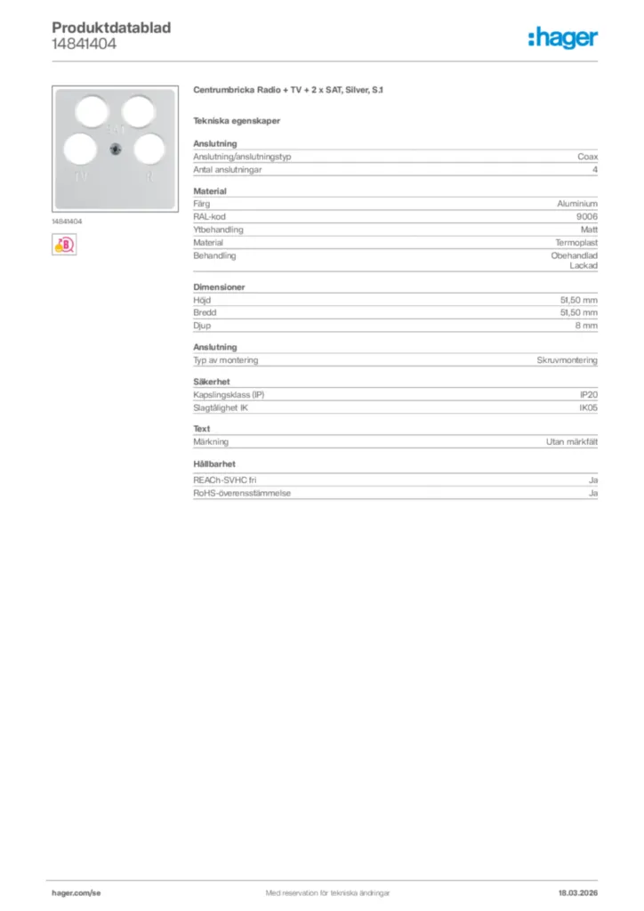 Bild Hager Produktdatablad 14841404 | Hager Sverige