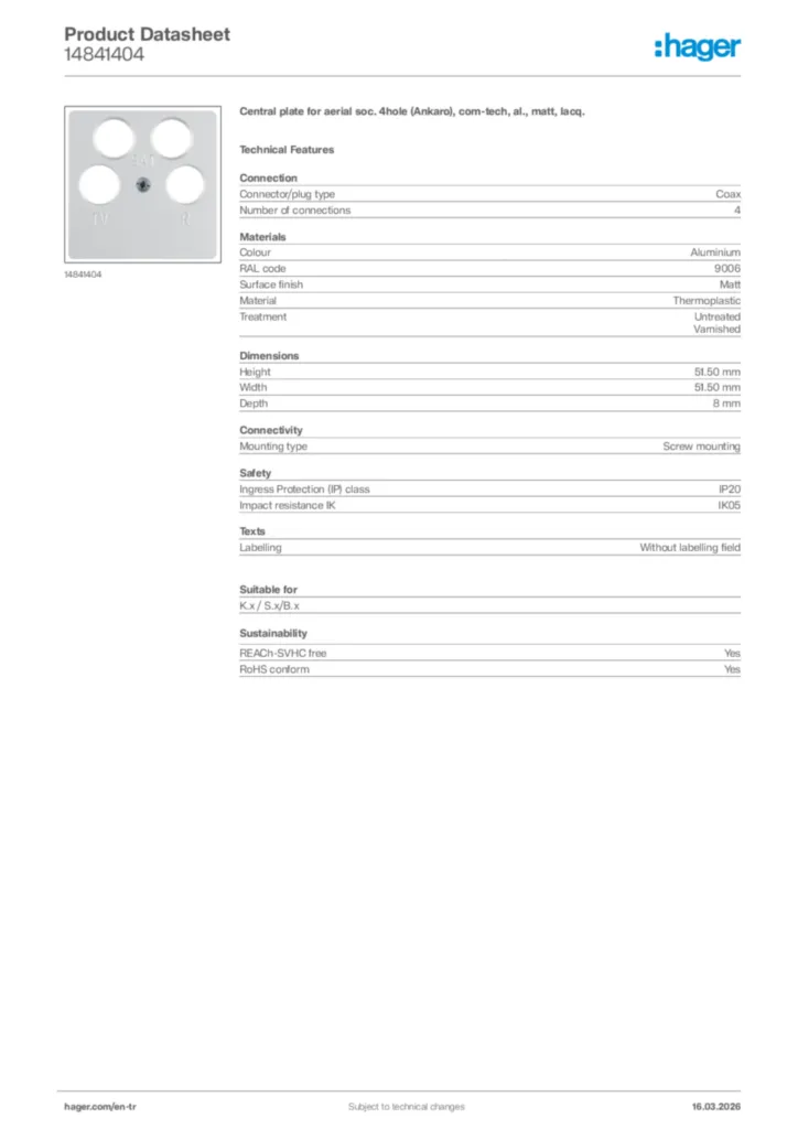 Image Hager Product data sheet 14841404  | Hager
