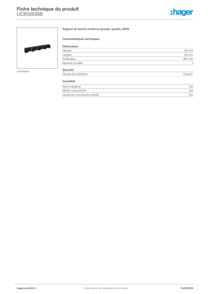 Image Hager Fiche technique du produit UCBS80BB | Hager Afrique