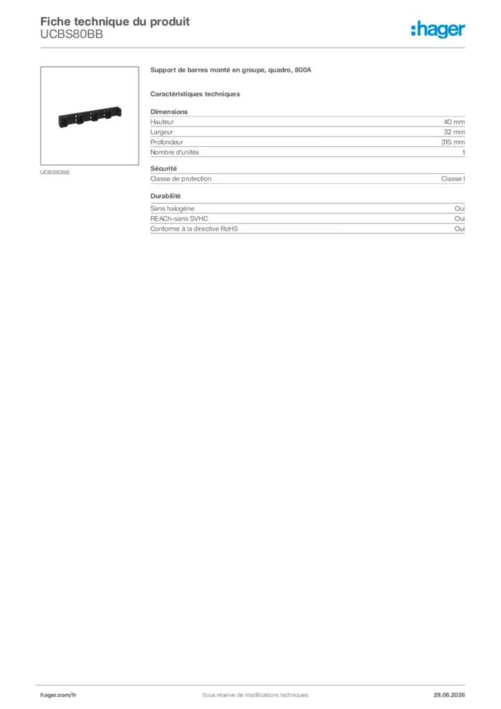 Image Hager Fiche technique du produit UCBS80BB | Hager France