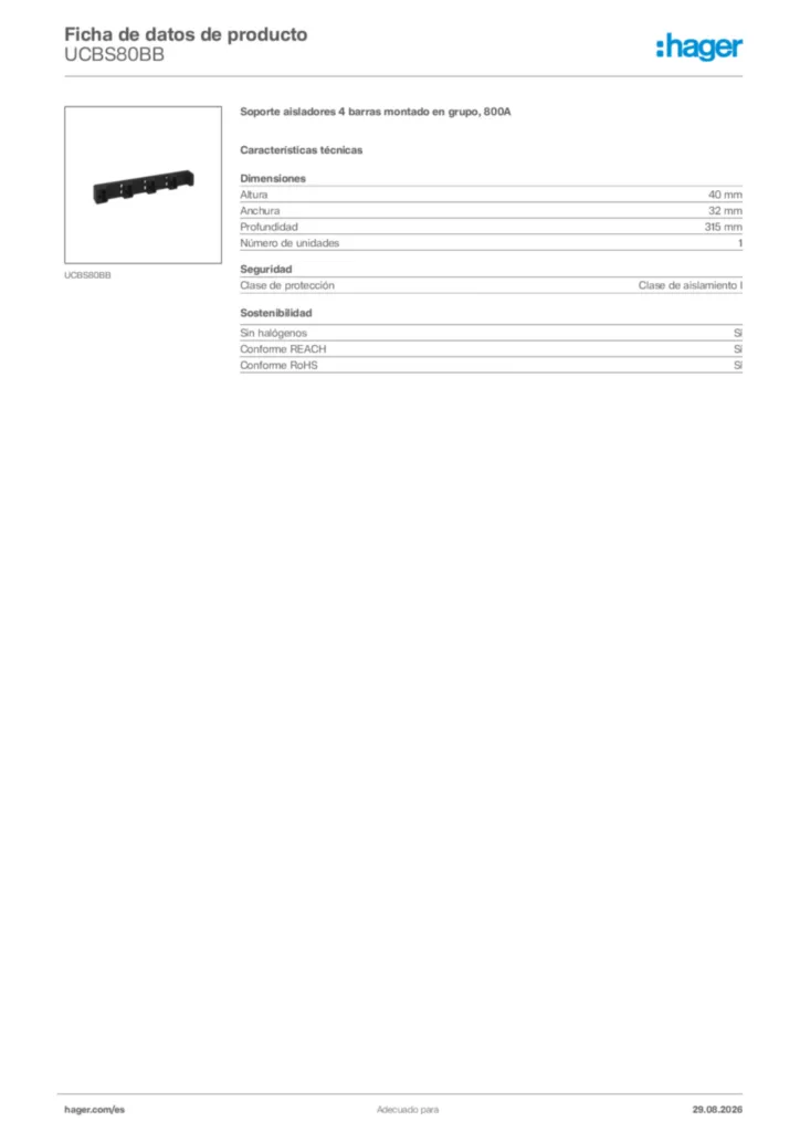 Imagen Hager Ficha de datos de producto UCBS80BB | Hager España
