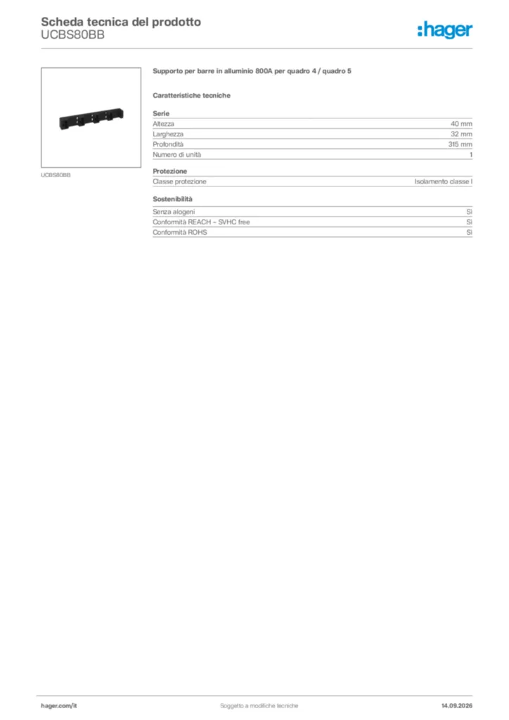 Immagine Hager Scheda tecnica del prodotto UCBS80BB | Hager Italia