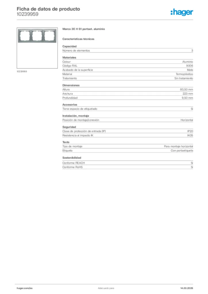 Imagen Hager Ficha de datos de producto 10239959 | Hager España