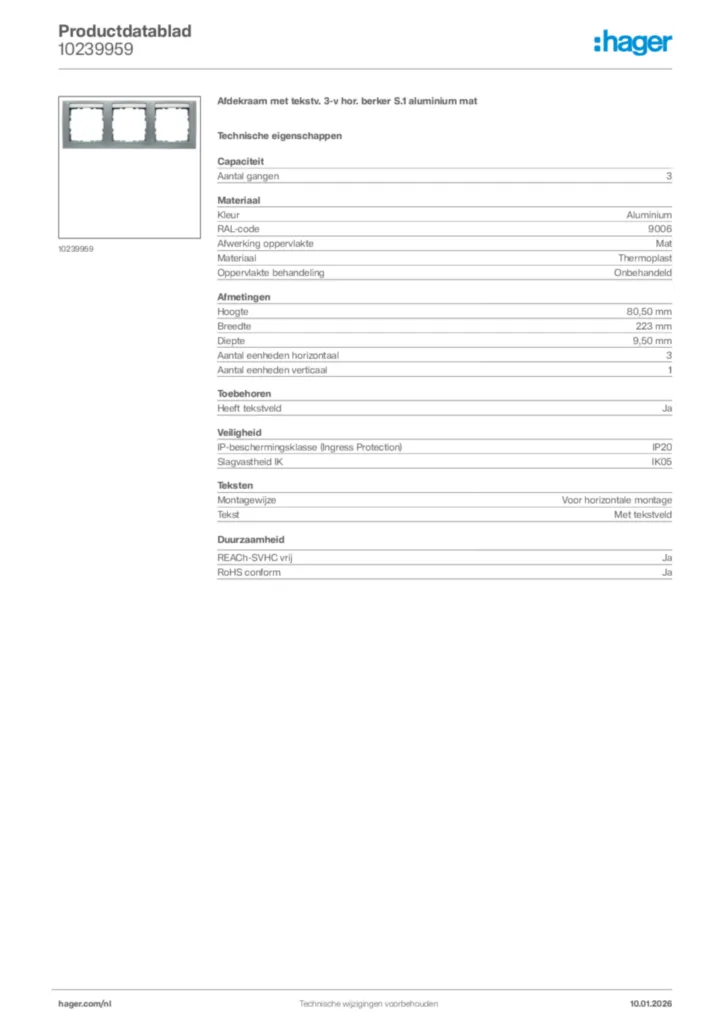 Afbeelding Hager Productdatablad 10239959 | Hager Nederland