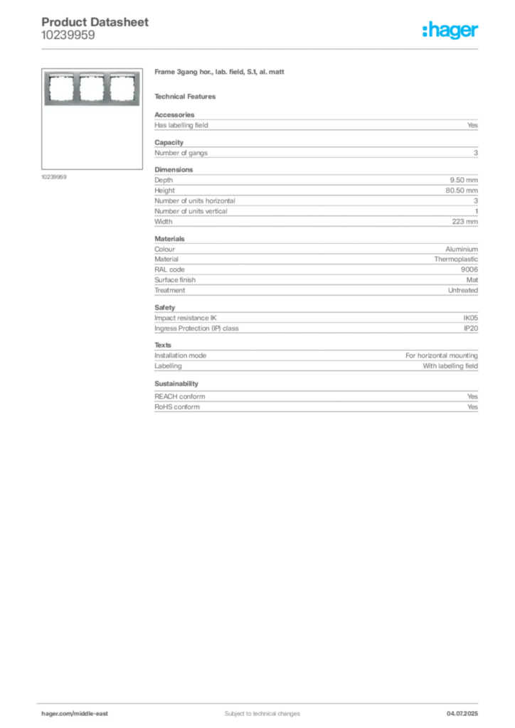 Image Hager Product data sheet 10239959  | Hager
