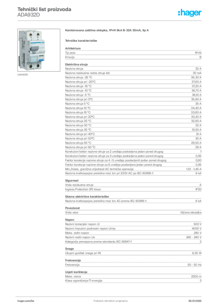 Slika Hager Product data sheet ADA932D  | Hager