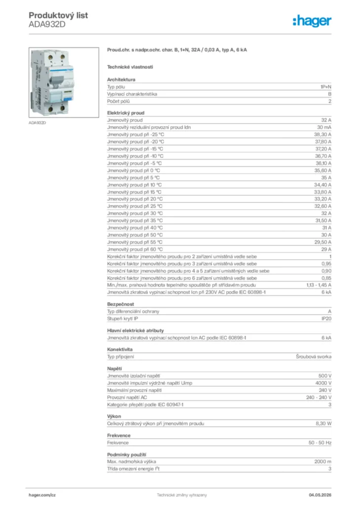 Obrázek Hager Product data sheet ADA932D | Hager