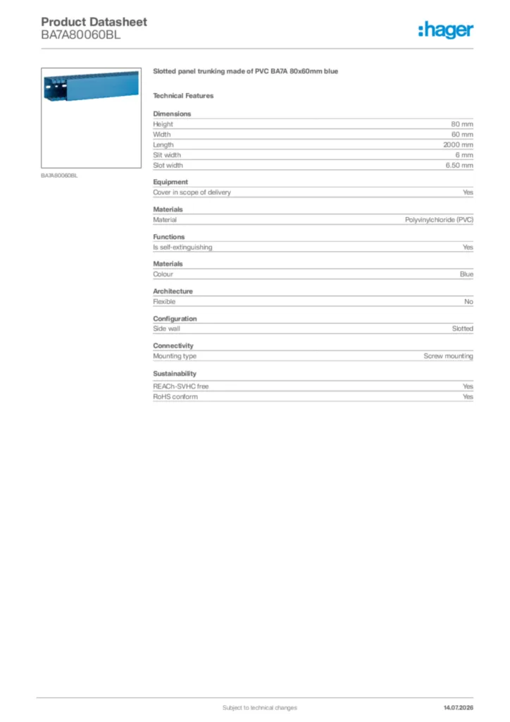 Image Hager Product data sheet BA7A80060BL  | Hager Africa