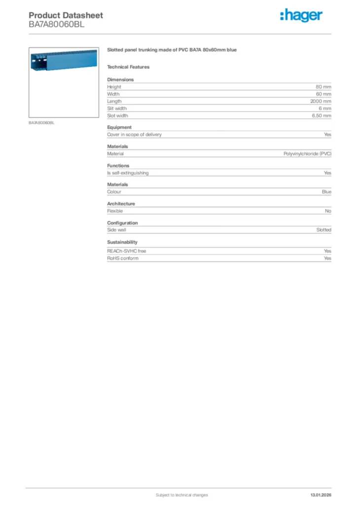 Image Hager Product data sheet BA7A80060BL  | Hager Africa