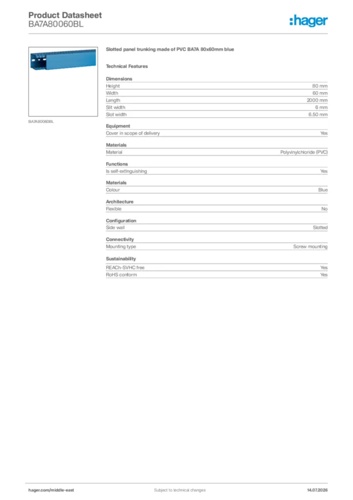 Image Hager Product data sheet BA7A80060BL  | Hager
