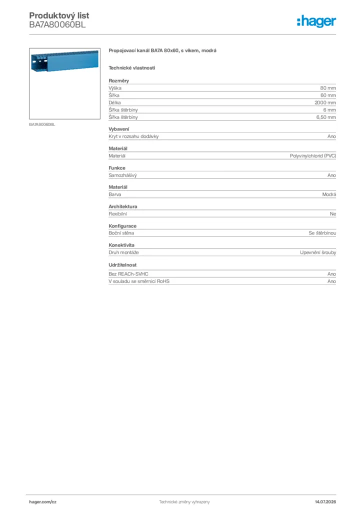 Obrázek Hager Generováno - Datový list produktu BA7A80060BL | Hager