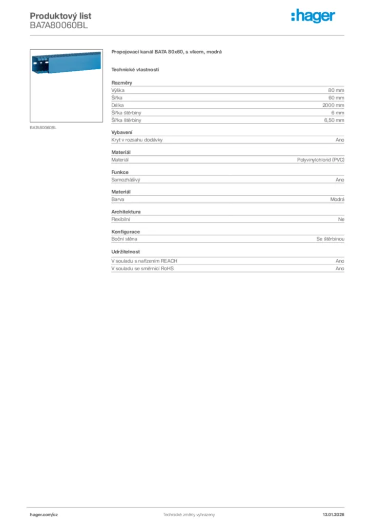 Obrázek Hager Product data sheet BA7A80060BL | Hager