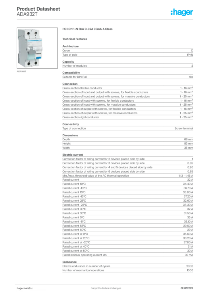 Image Hager Product data sheet ADA932T  | Hager New Zealand