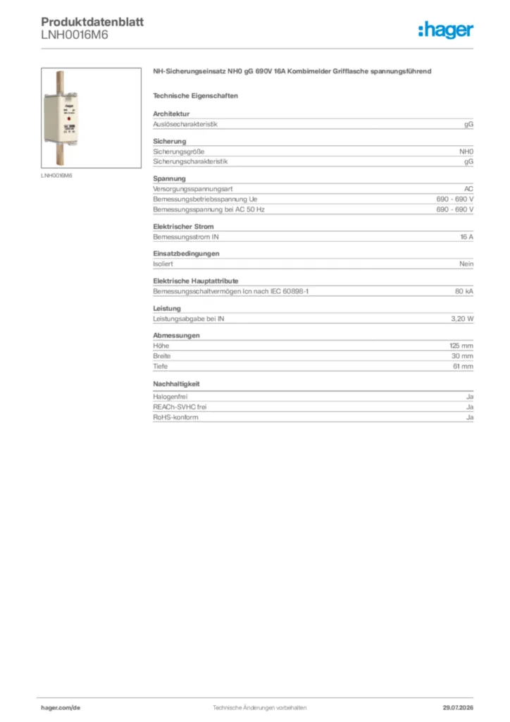 Bild Hager Produktdatenblatt LNH0016M6 | Hager Deutschland