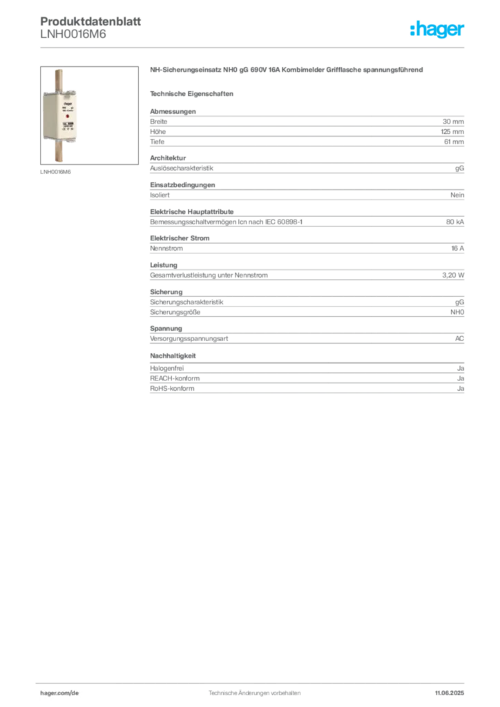 Hager Produktdatenblatt LNH0016M6