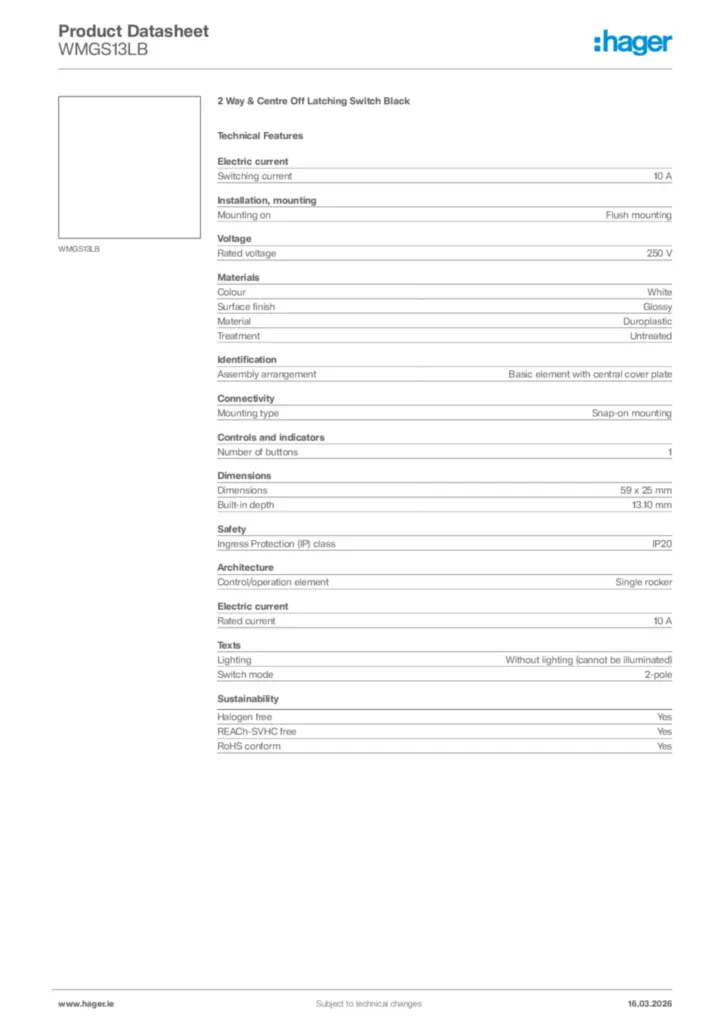Image Hager Product data sheet WMGS13LB  | Hager