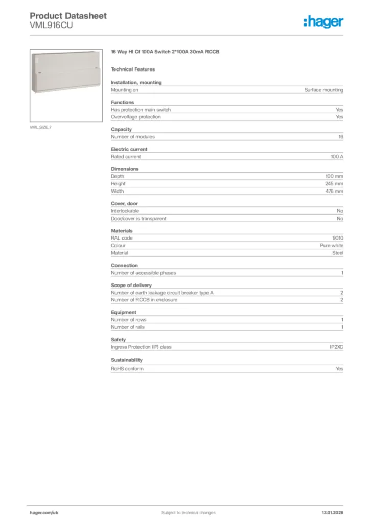 Image Hager Product data sheet VML916CU  | Hager
