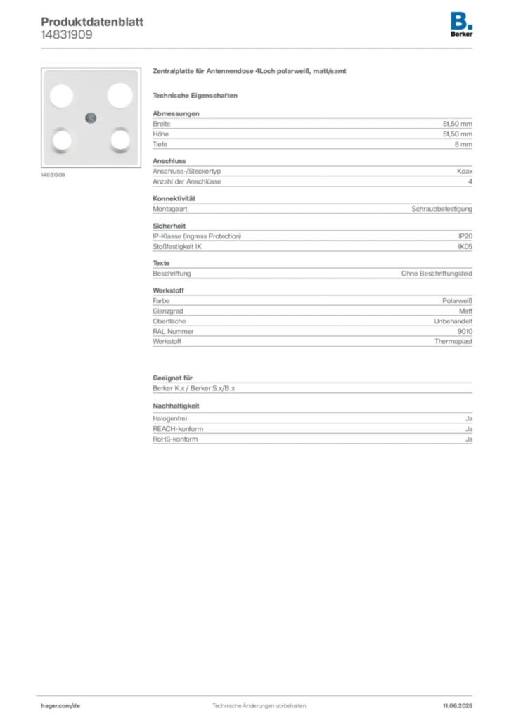 Bild Berker Produktdatenblatt 14831909 | Hager Deutschland