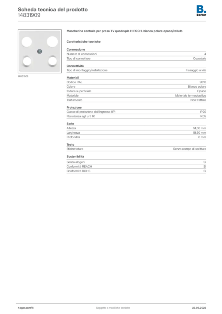Immagine Berker Scheda tecnica del prodotto 14831909 | Hager Italia