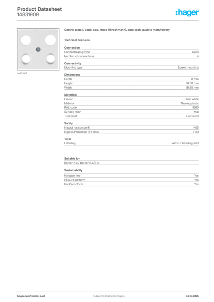 Image Hager Product data sheet 14831909  | Hager