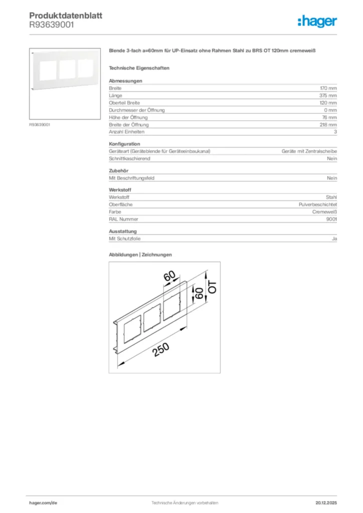 Bild Hager Produktdatenblatt R93639001 | Hager Deutschland