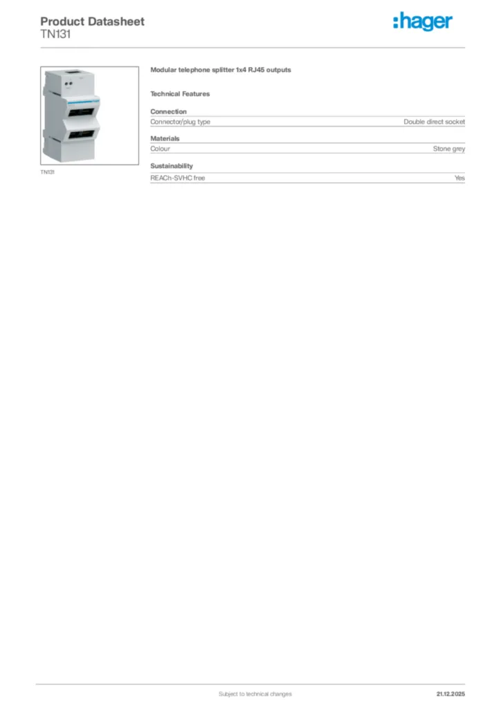 Image Hager Product data sheet TN131  | Hager Africa