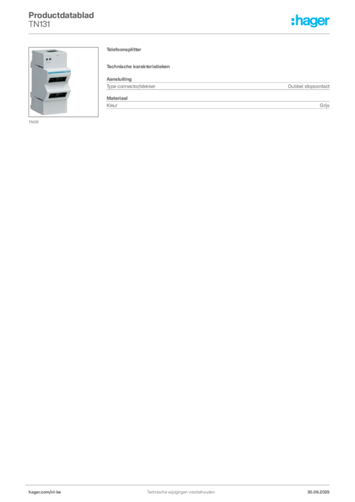 Afbeelding Hager Productdatablad TN131 | Hager Belgium