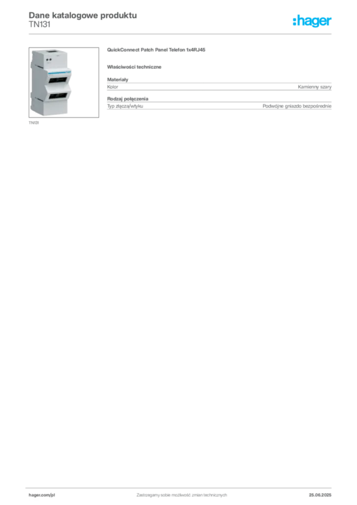 Zdjęcie Hager Dane katalogowe produktu TN131 | Hager Polska