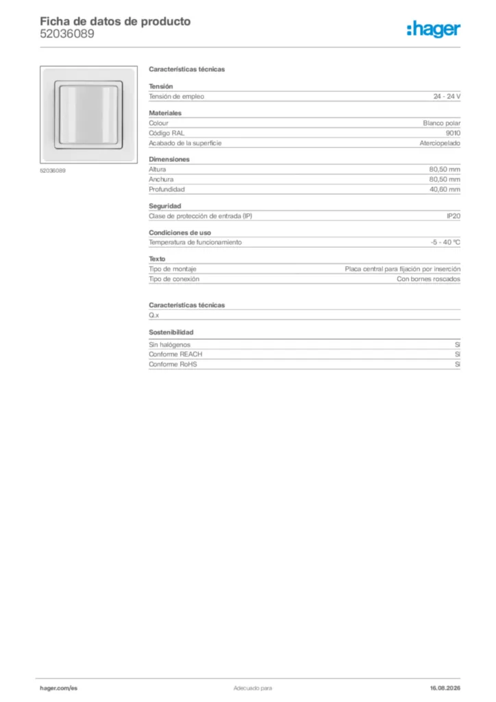 Imagen Hager Ficha de datos de producto 52036089 | Hager España