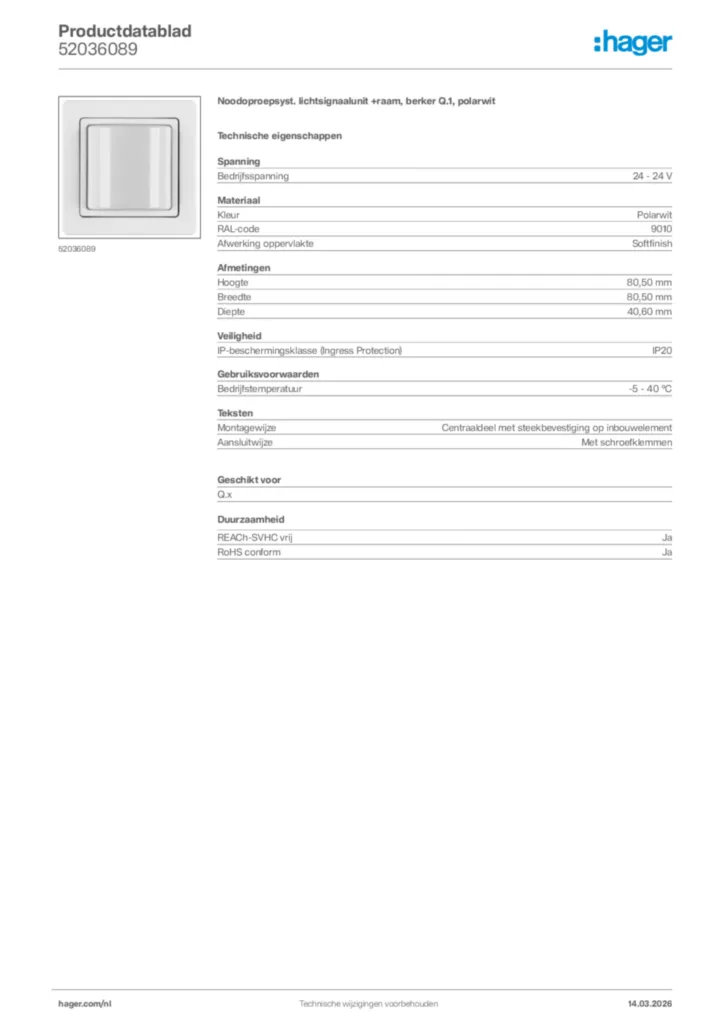 Afbeelding Hager Productdatablad 52036089 | Hager Nederland