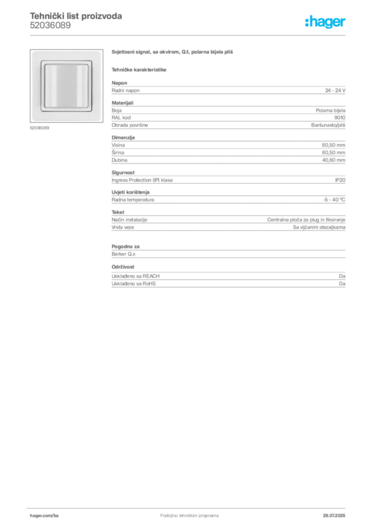 Slika Hager Product data sheet 52036089  | Hager