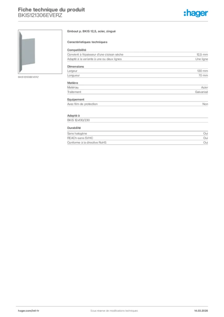Image Hager Fiche technique du produit BKIS121306EVERZ | Hager Afrique