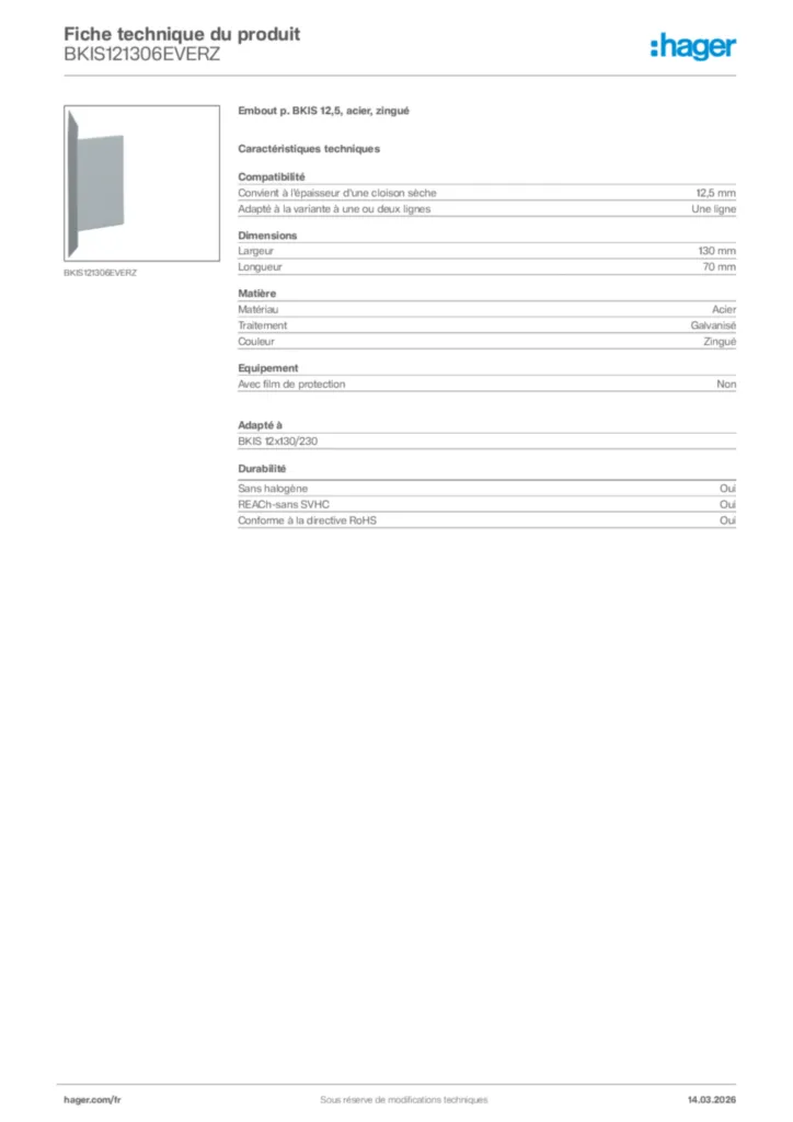 Image Hager Fiche technique du produit BKIS121306EVERZ | Hager France